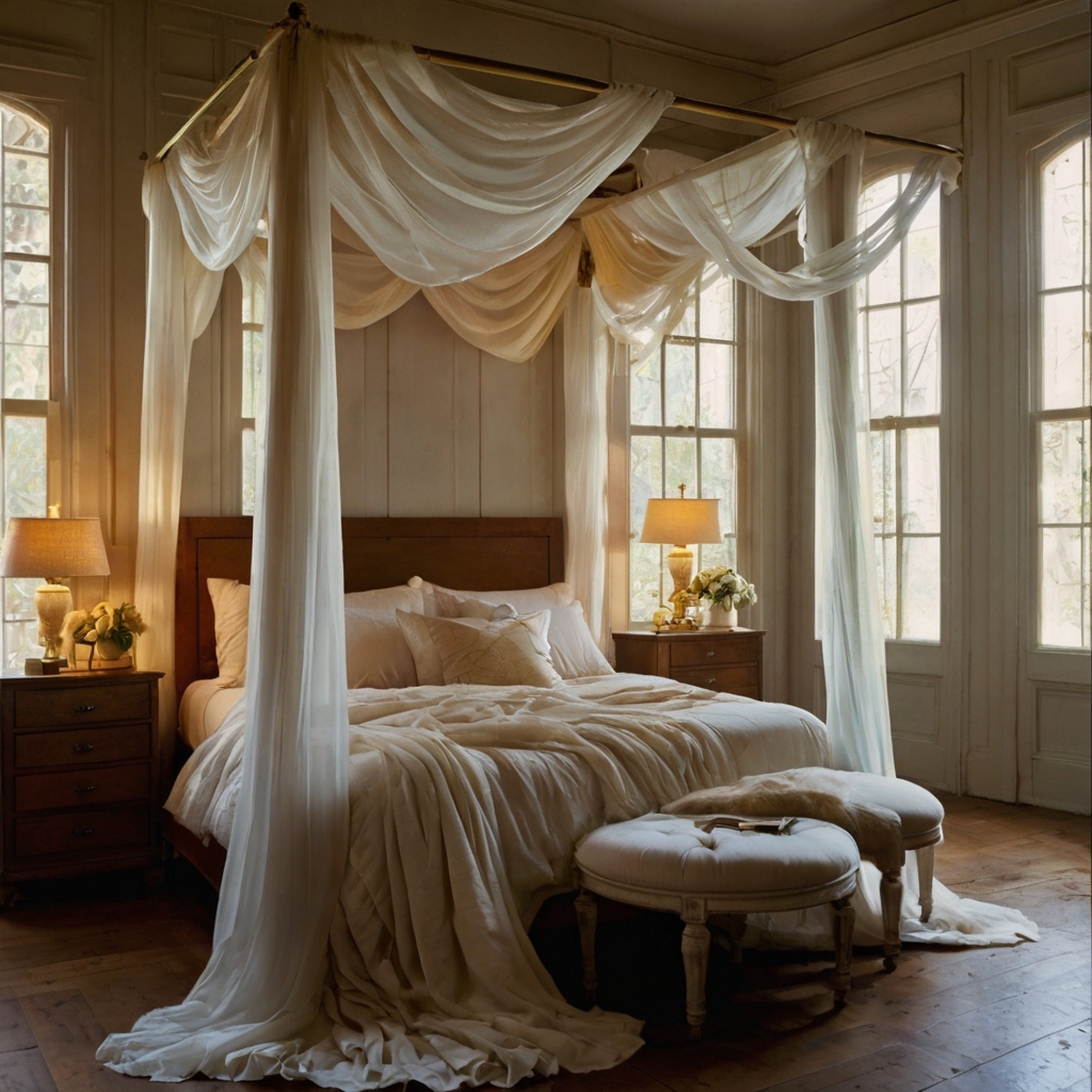 White canopy curtains cascade over a dreamy four-poster. Dim lights and soft shadows enhance romantic softness.