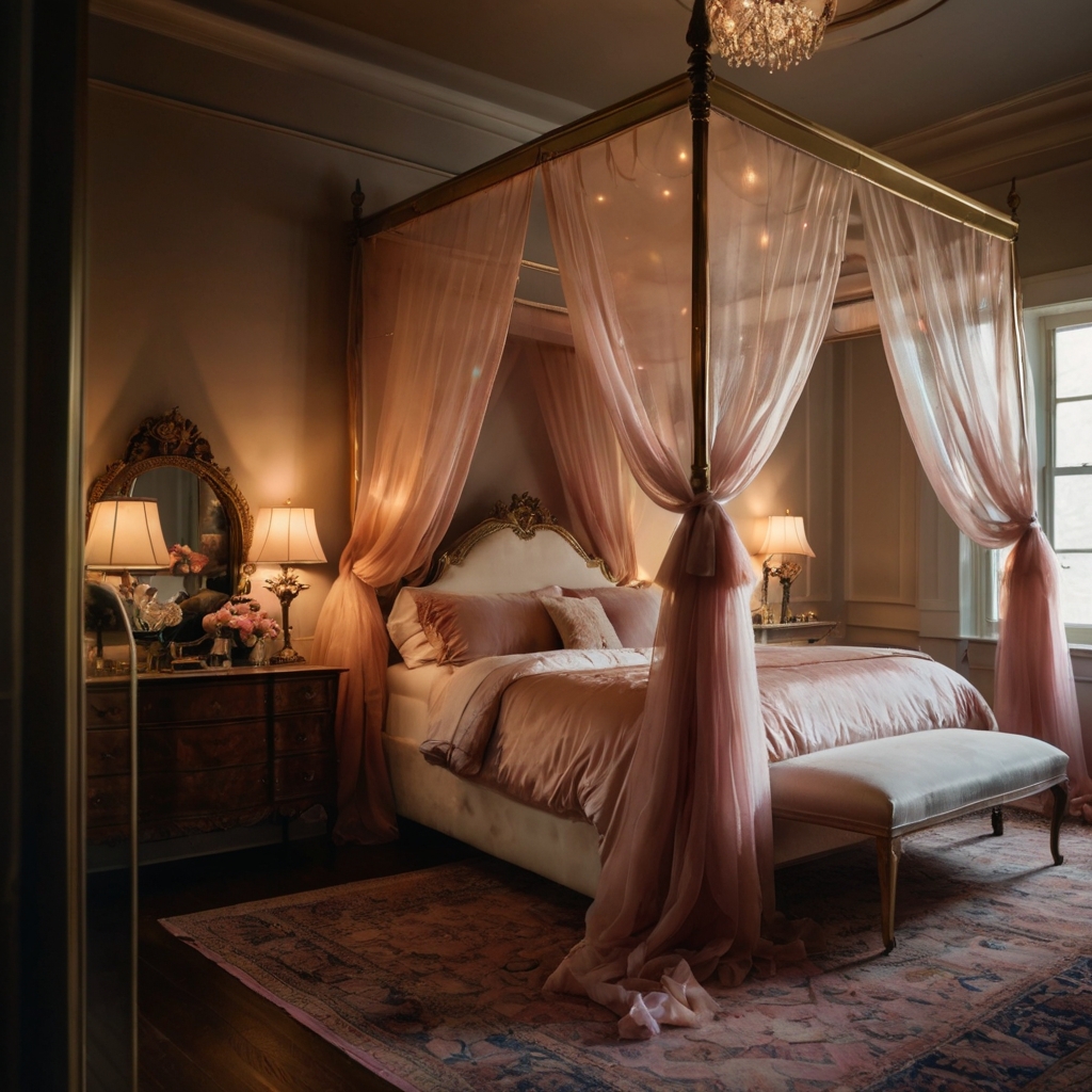 Romantic bedroom styled with plush velvet, rose-toned lighting, and ornate decor. A warm, luxurious space invites tenderness and rest.