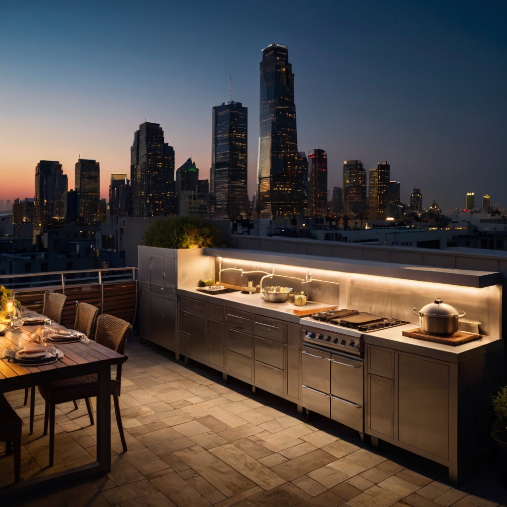 An elevated rooftop outdoor cooking area with city views, offering a unique dining experience. The setting sun casts a warm glow over the modern grill and gathering space.