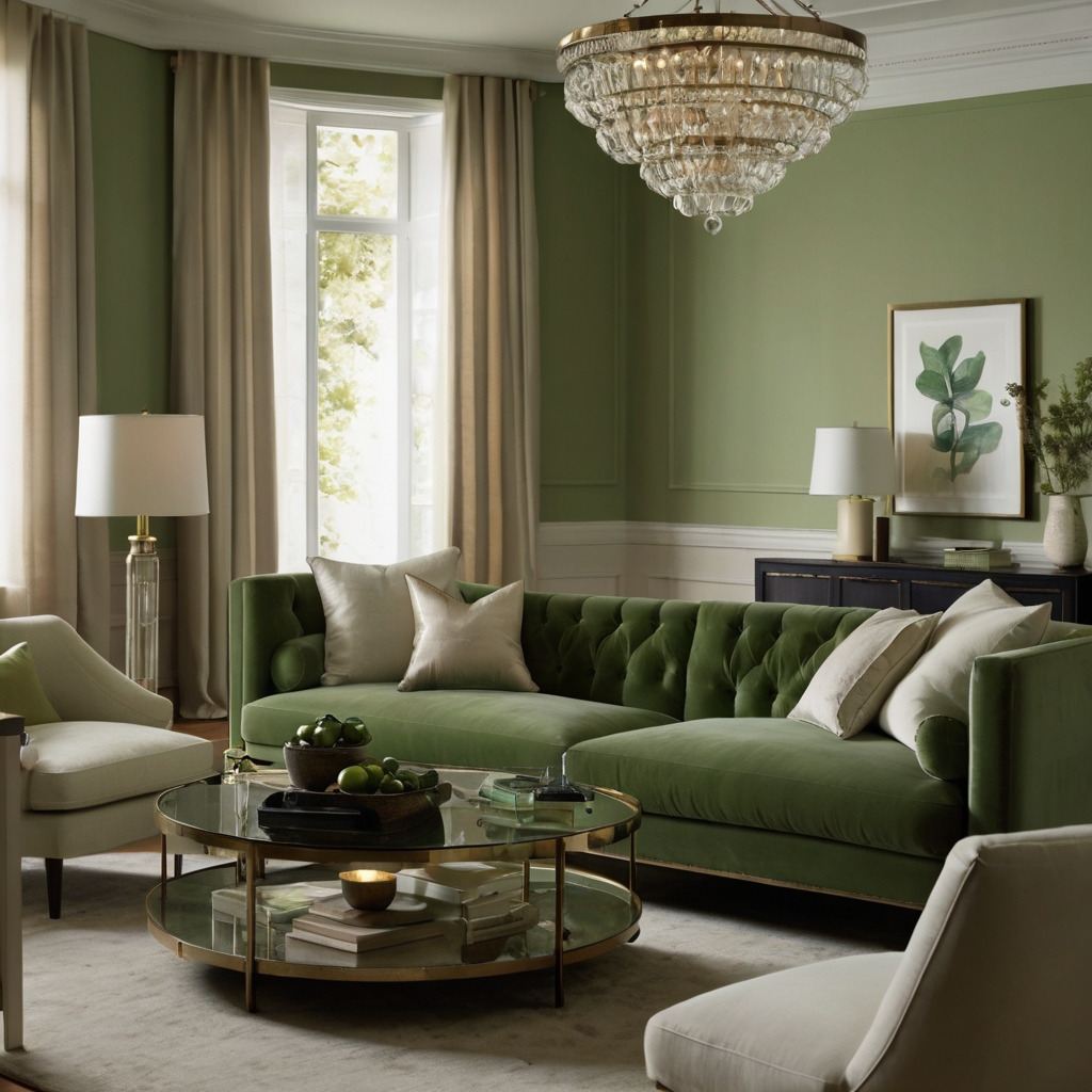 Soft green and cream tones create a tranquil living room. Velvet cushions and soft bedside lamps enhance the peaceful ambiance.