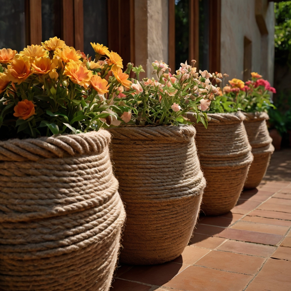 Clay pots wrapped in thick rope line a garden walkway in neat rows. Texture and softness enhance the tactile appeal of potted plants.