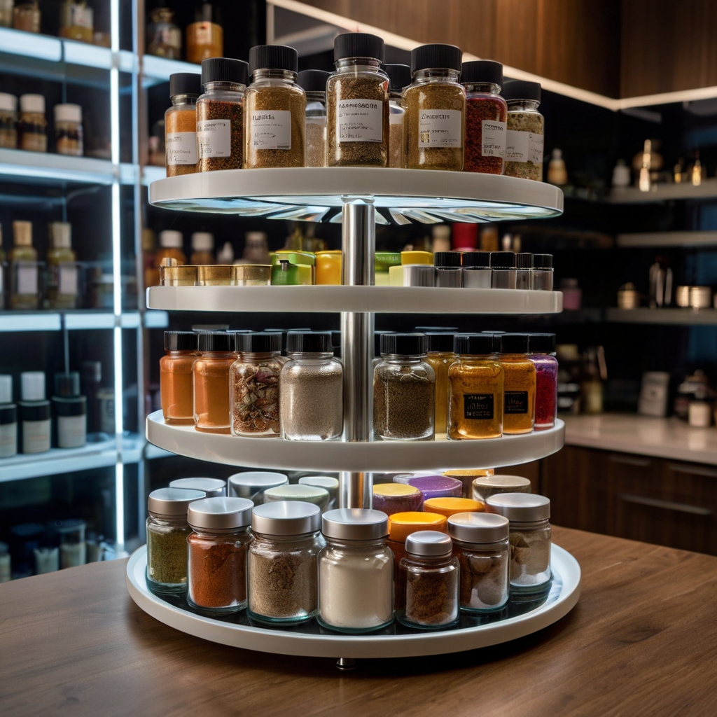 Round Lazy Susan holds layered storage of spices or tools in corner setup. Glass reflections and slight motion suggest dynamic use.