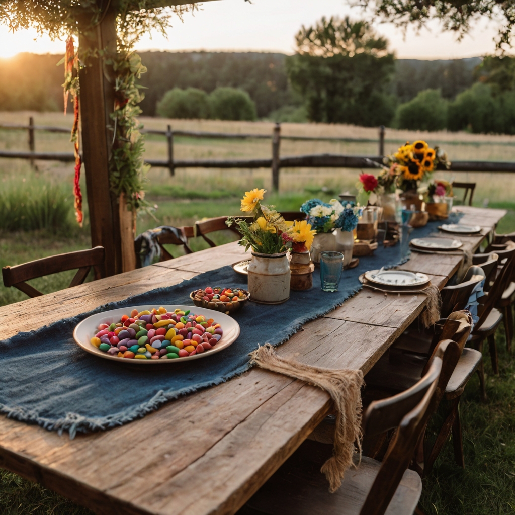 Rustic denim runner with wildflower jars and candy dishes on a wooden table. Country charm meets playful blue jean baby shower vibes.