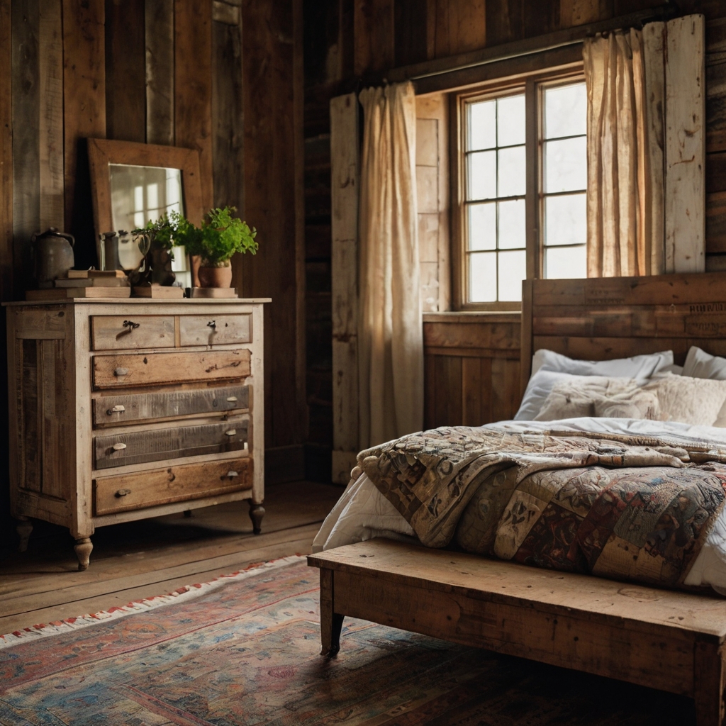Farmhouse bedroom in wood tones, with cozy bedding and vintage accents. Warm ambient light softens the rustic charm.