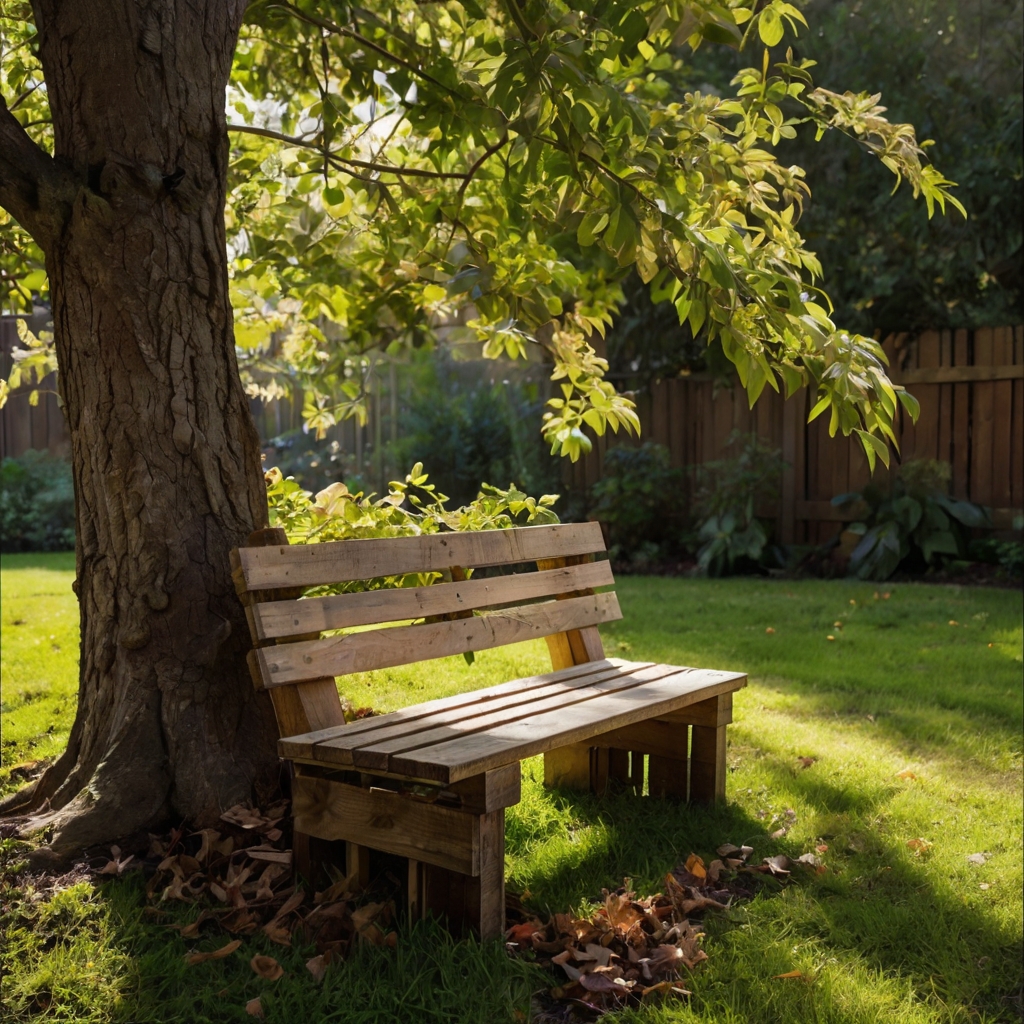 A wooden pallet bench sits shaded beneath a tall tree in bloom. DIY seating offers a peaceful resting spot among garden petals.