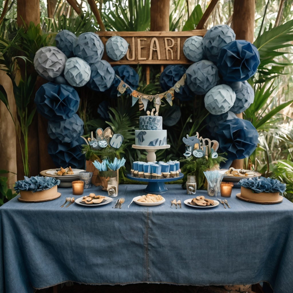 Safari animals and leafy garlands meet denim decor and baby-blue tones. A playful jungle baby shower with neutral colors and soft, natural lighting.