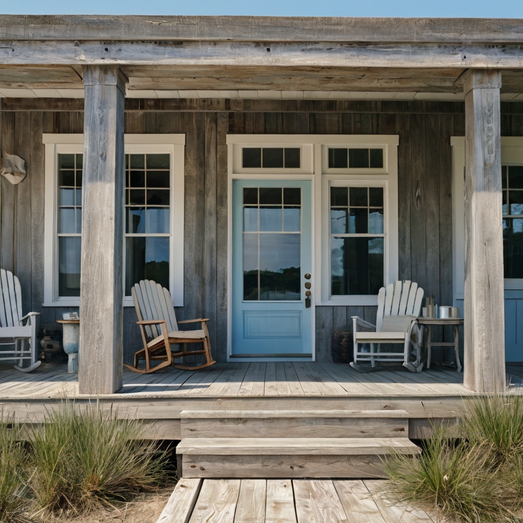 Faded gray cedar resembles driftwood under soft sky. Light coastal haze and pastel tones complete the beachy look.