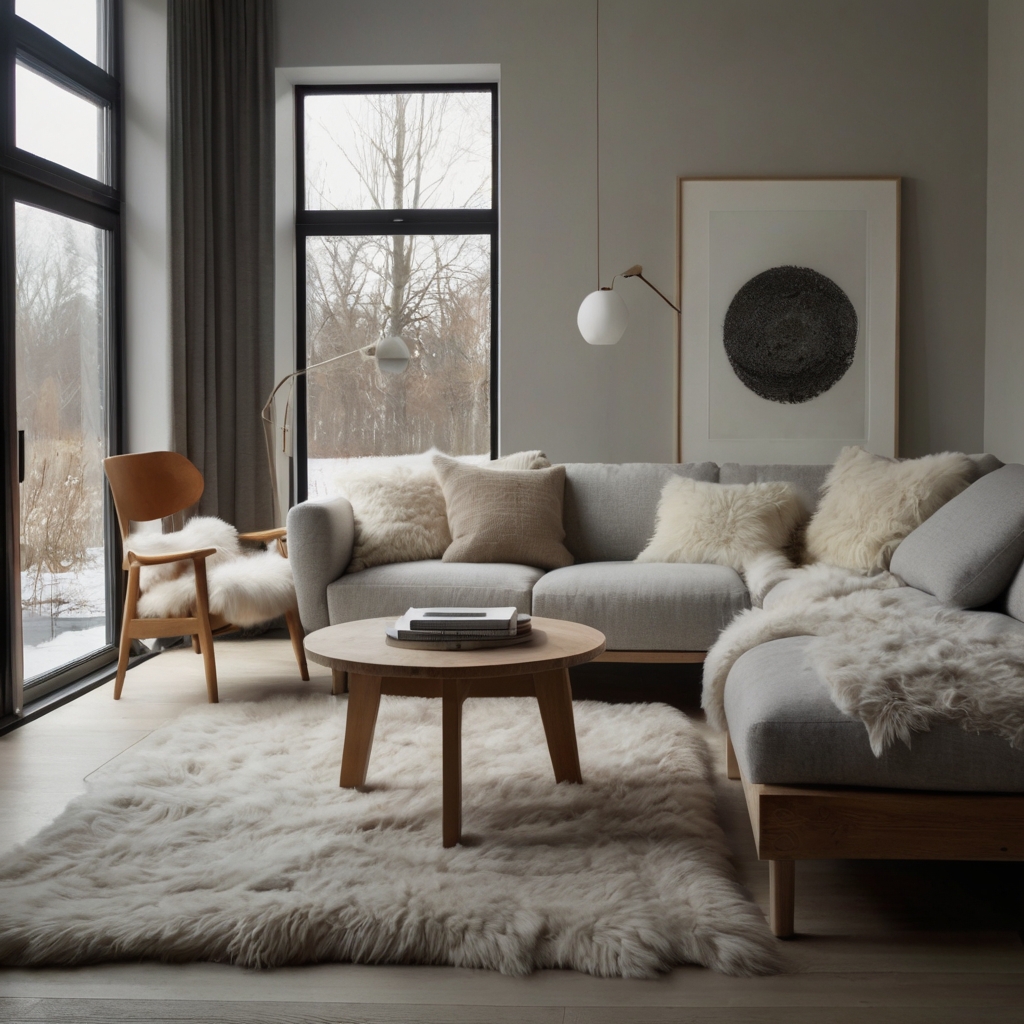 Scandinavian furniture and pale wood details under diffused light. Soft textures and daylight fill this Nordic-inspired room.