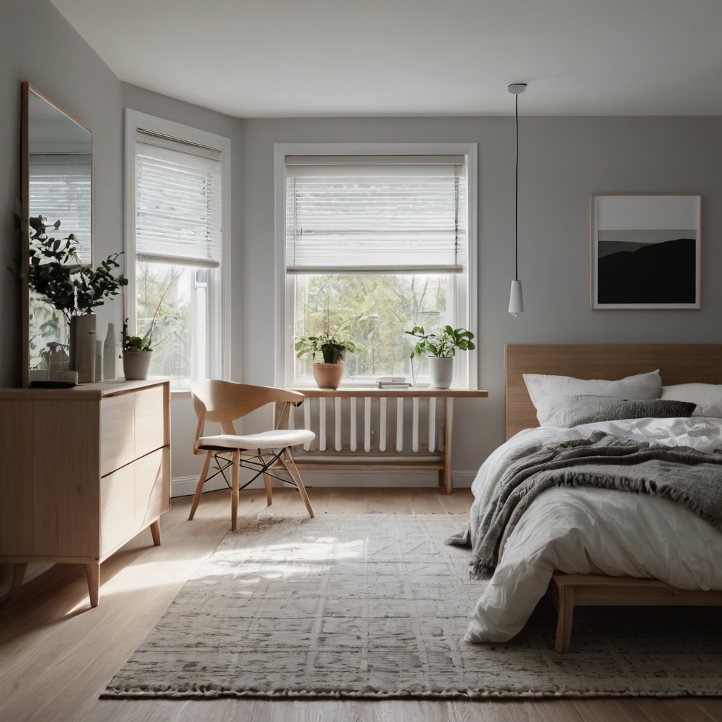 Scandinavian bedroom in crisp whites and soft grays, basked in diffused daylight. Minimalist furniture and gentle hues promote calm.