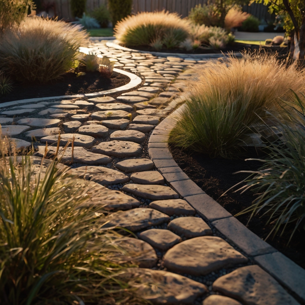 Curved stone paths weave through soil, shaping modern front yard design with elegance. Artful layout guides each step in visual harmony.