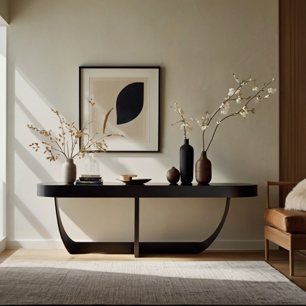 Curved sculpture on a shelf, light casting gentle shadows. Statement piece stands out in an otherwise clean room.