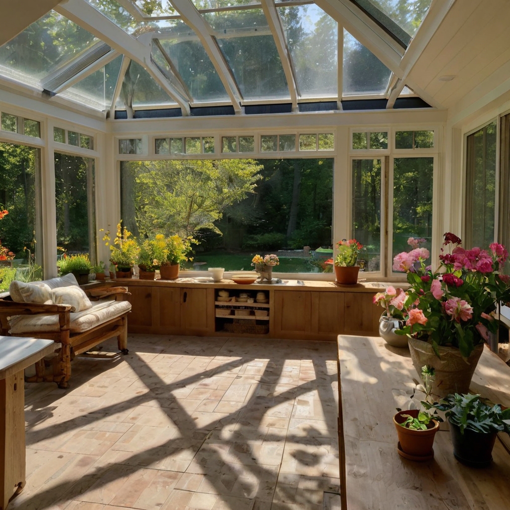 Matte white cabinets and butcher block island reflect daylight through large sunroom windows. Indoor plants sit by glass, with oven glass subtly mirroring outdoor garden tones.