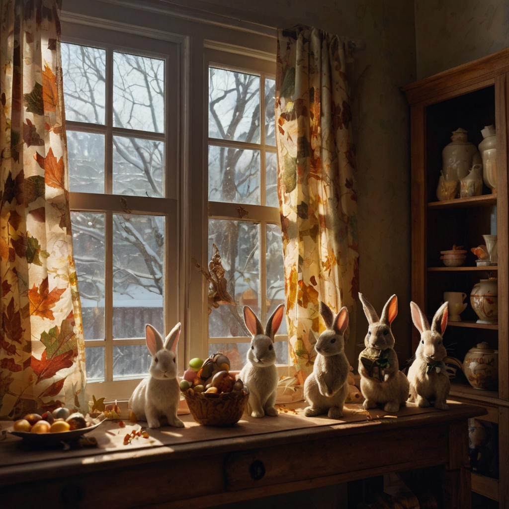Decorations from different seasons—autumn leaves, Easter bunnies, and snow globes—layered together. Subtle sunlight enhances the quirky seasonal clash.