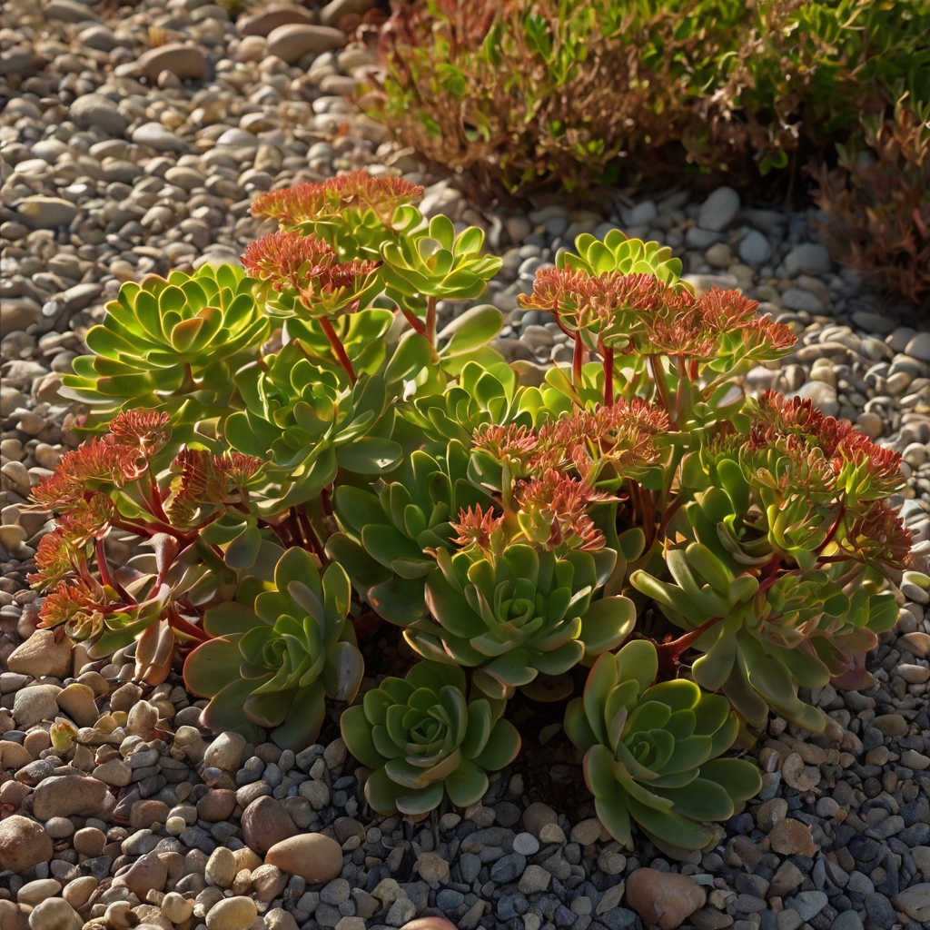 Top-down view of mixed-color sedum ground cover in gravel, glowing under warm afternoon sun. Varied textures and dry garden stones create natural contrast.