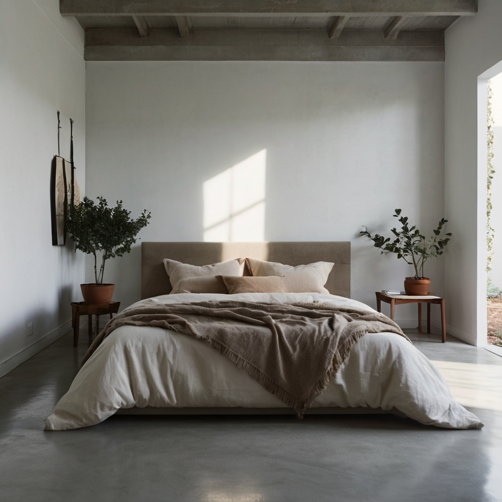Minimalist bedroom with clean lines, soft sunlight, and clutter-free furniture. Neutral tones and a peaceful ambiance highlight simplicity and calm.