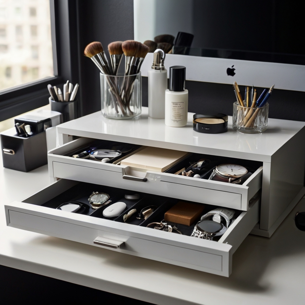 Slide-out desk drawer partially open, storing gadgets and wires. Clean background and soft lighting offer a sleek look.