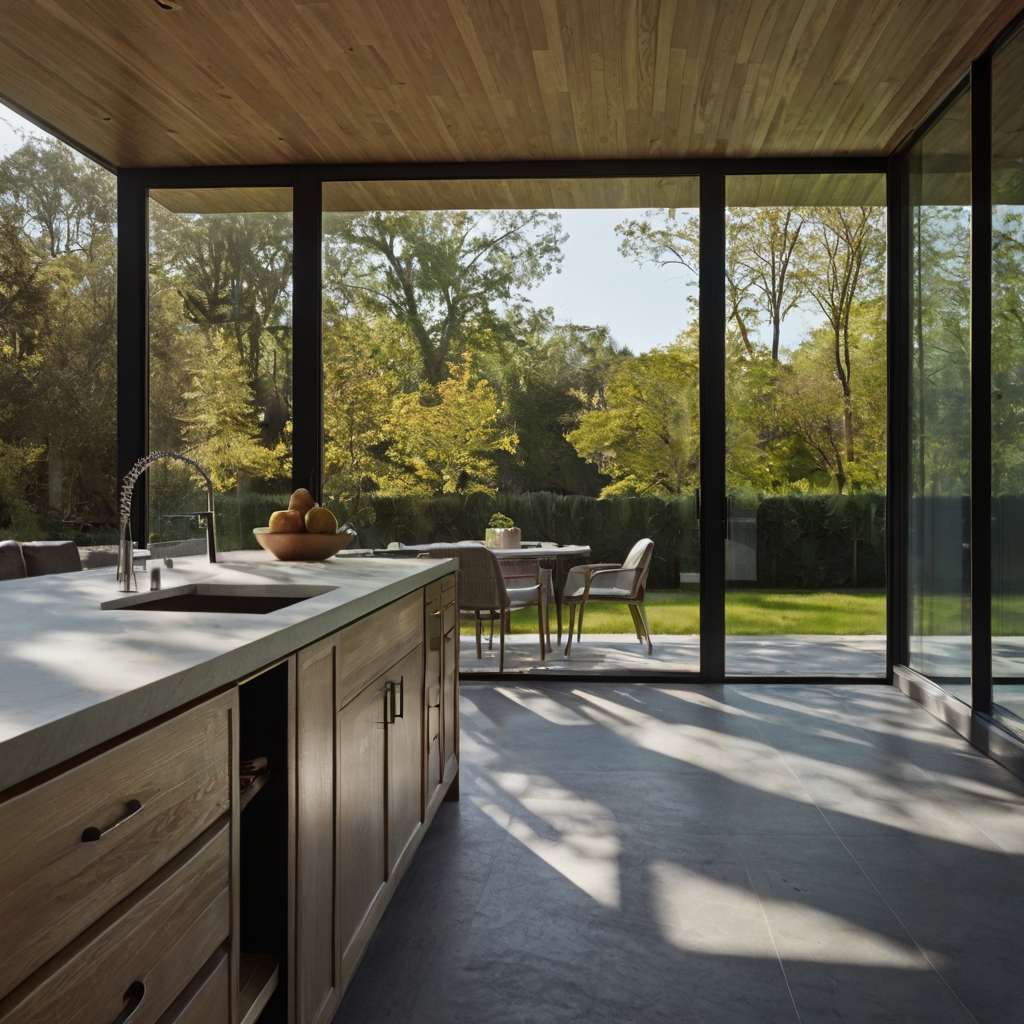 Minimalist kitchen with sliding glass panels reveals sunroom edge in clean realism. Slate flooring and matte counters catch midday light in distortion-free architectural focus.