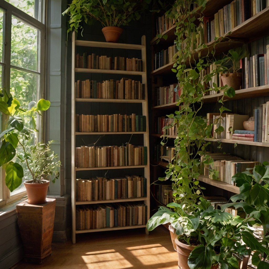 Tall slim bookshelf holds plants and books under beams of filtered light. Vines curl through shelves as green shadows dance on walls.