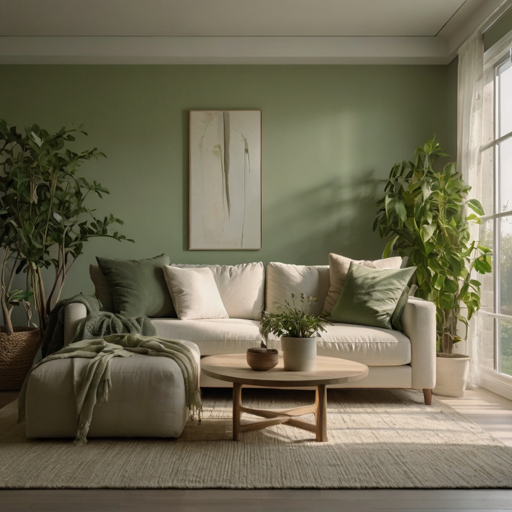 Soft sage green walls and cream accents create a peaceful atmosphere. Minimalist furniture and soft lighting enhance the calm vibe.