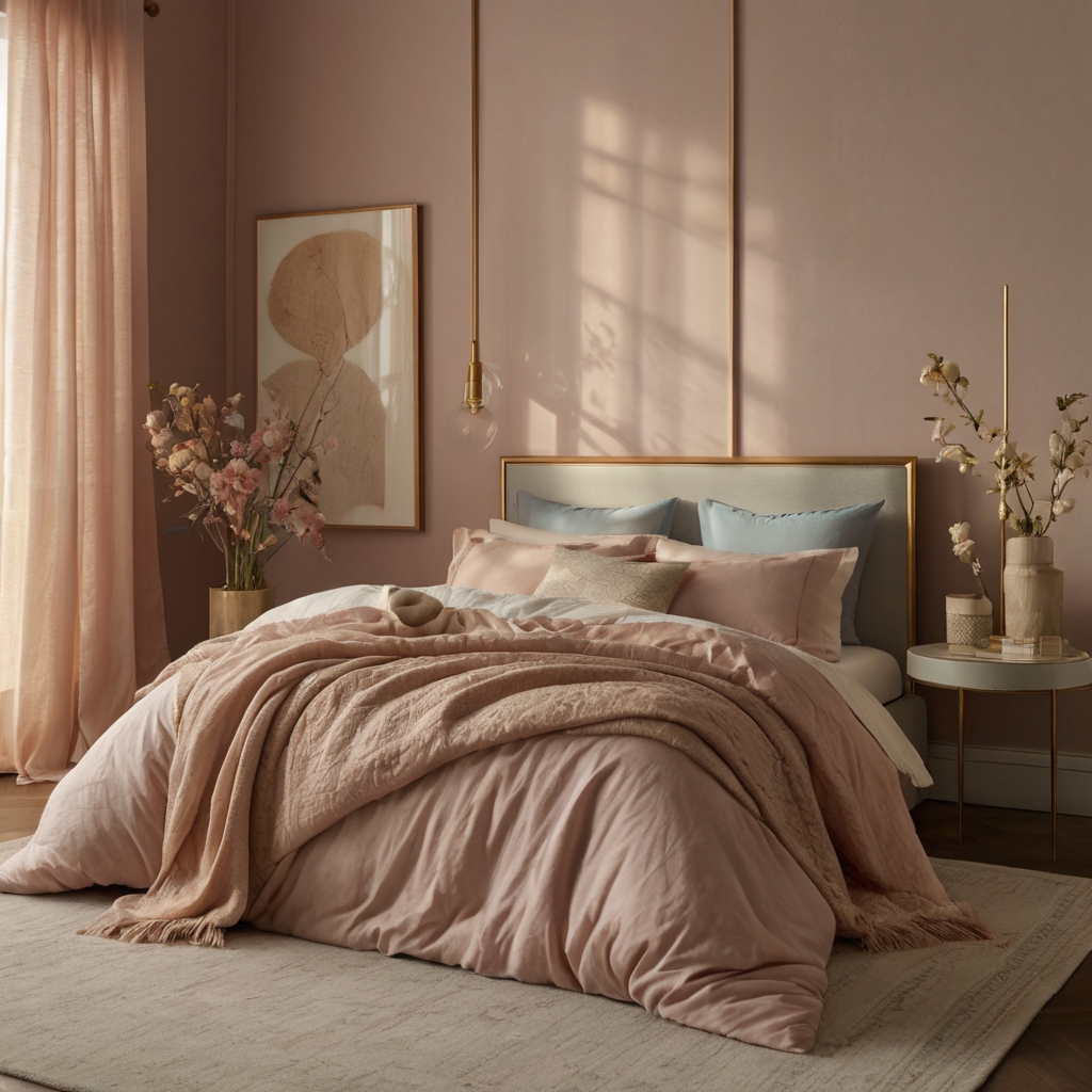 Blush pink walls pair with cream bedding and gold accents. Soft daylight brings warmth and subtle pastel charm.