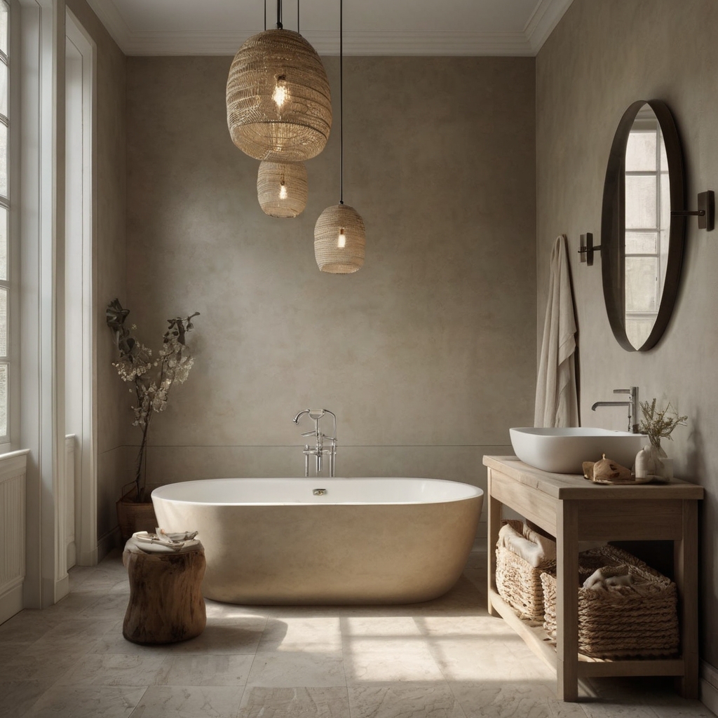 Beige and gray tones fill the space with calming neutrality. Natural light softens textures for a peaceful half bath.
