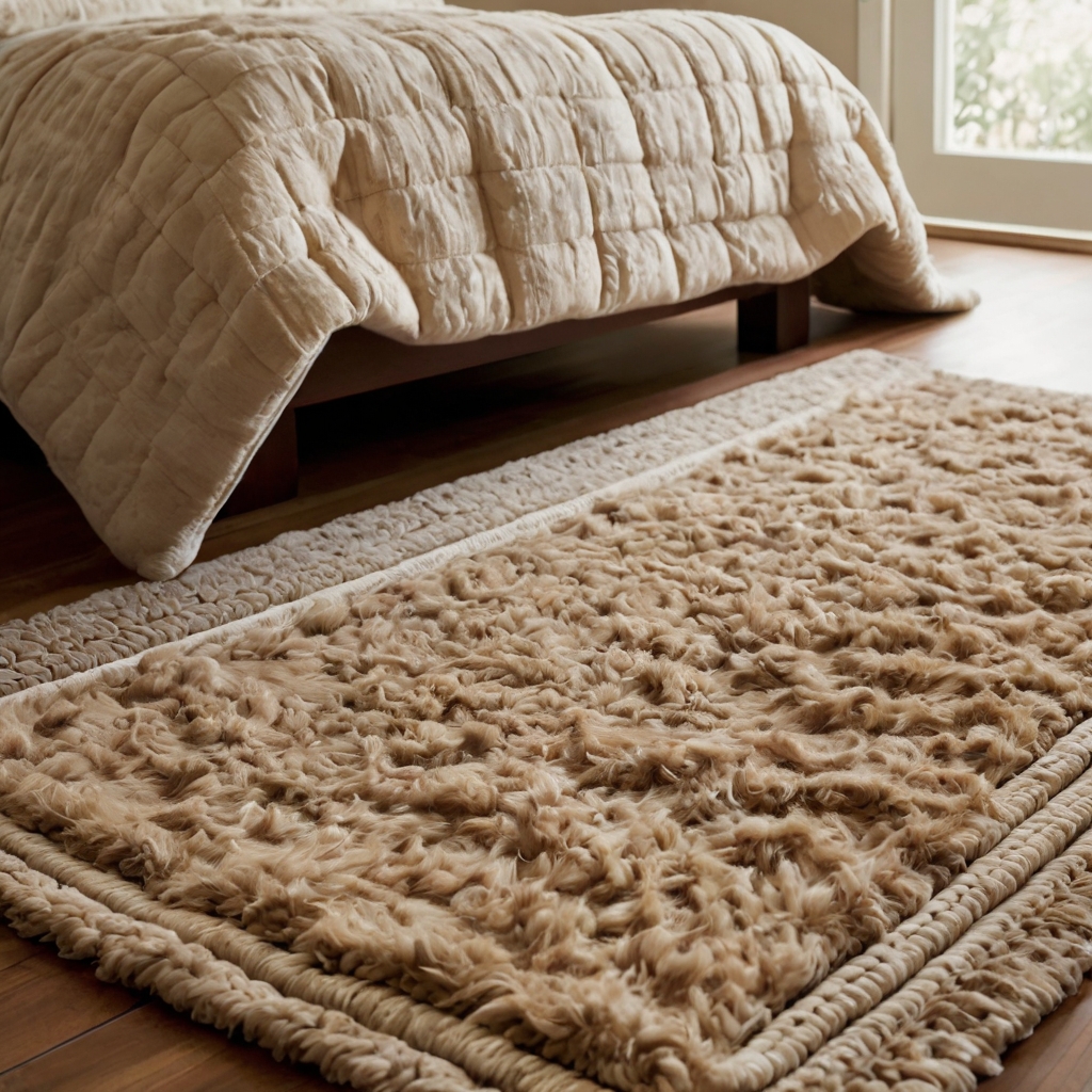 Plush sandy beige rugs cover wooden bedroom floors inviting barefoot comfort. Their soft texture evokes warmth and serene shoreline memories with every step.