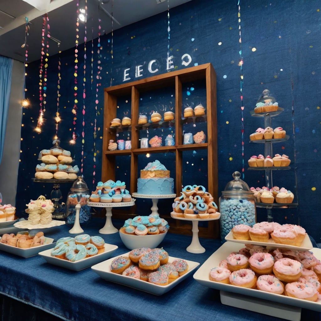 Sweet treats top denim cloths in a sprinkle-themed baby dessert station. Bright lights and candy colors pop against soft blue-jean textures.