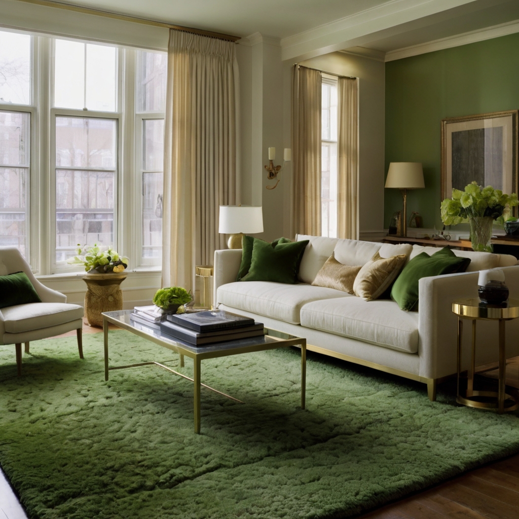 A rich green rug under a cream sofa makes a bold statement. Gold or brass table legs add a touch of elegance to the space.