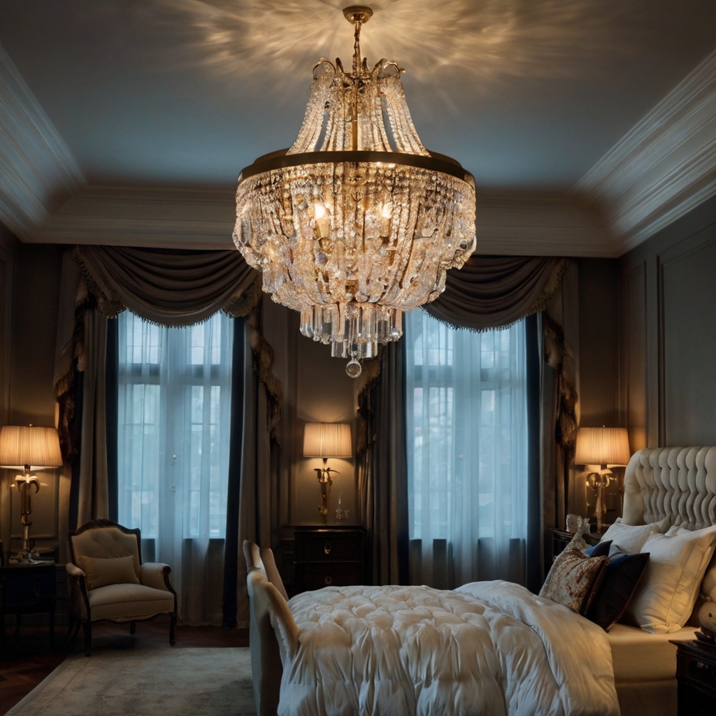 Crystal chandelier sparkles above a plush bed at twilight. Light refraction dances across velvet drapes and walls.