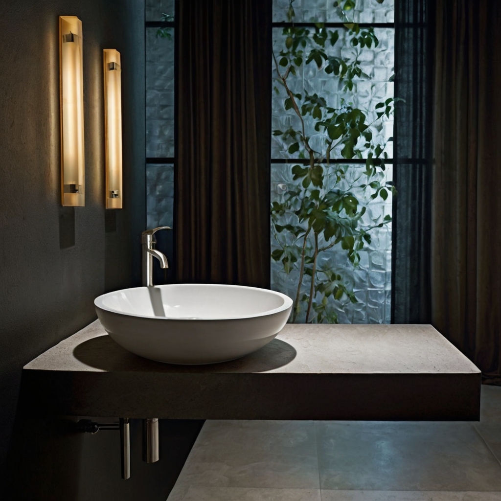 A sculptural sink in stone or porcelain becomes the centerpiece of a minimalist bathroom. Shadows and reflections elevate its form.
