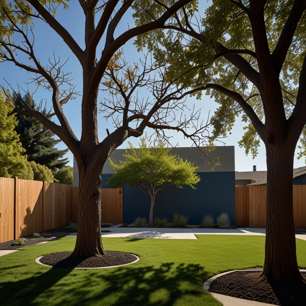 One tall tree stands central among low plants. Strong natural features ground the modern layout.