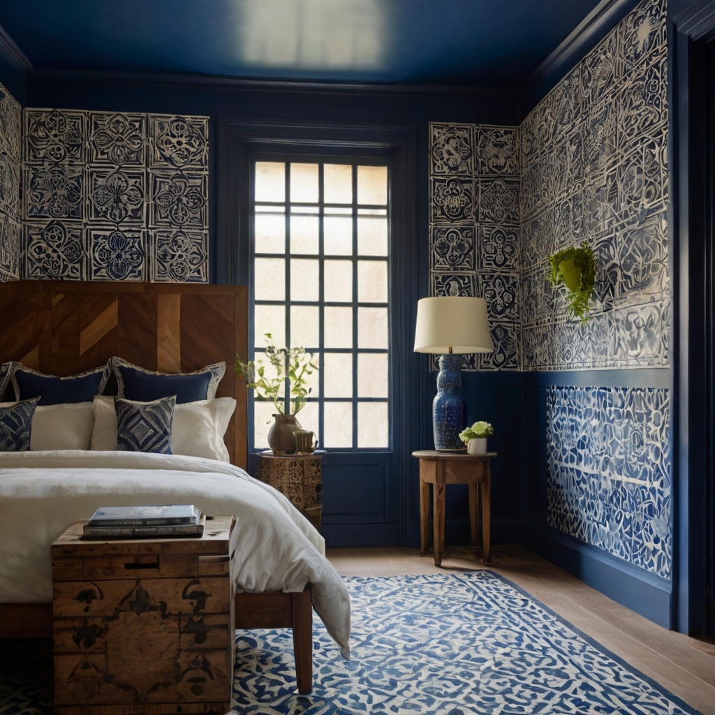 Moroccan-style stencil pattern on deep blue wall lit by natural window light. Repeating design and texture add handcrafted global appeal.