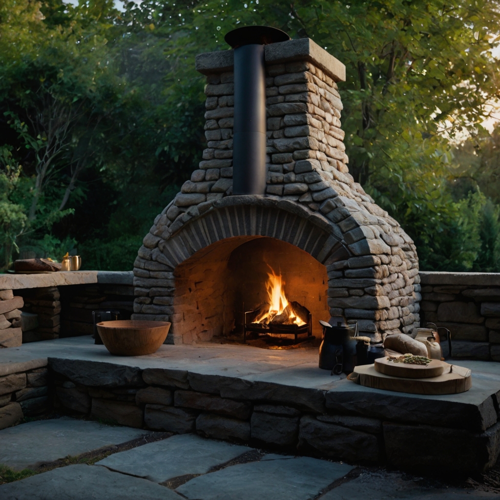 A robust stone island outdoor cooking area with a large chimney and glowing embers. The warm firelight contrasts with the solid, earthy textures of the stone.