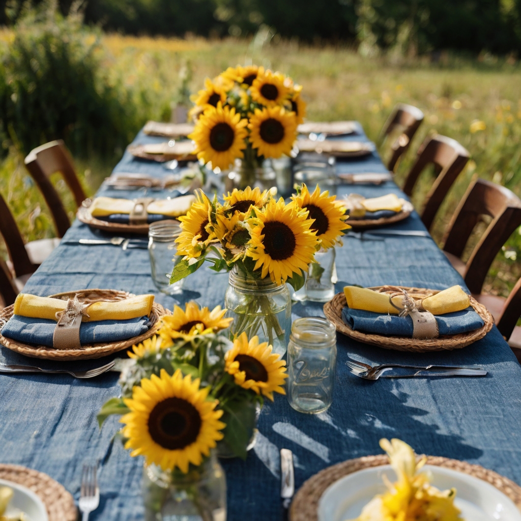 Sunflowers in denim wraps shine under open skies at this countryside celebration. Mason jars and jean banners reflect a golden, rustic baby shower glow.