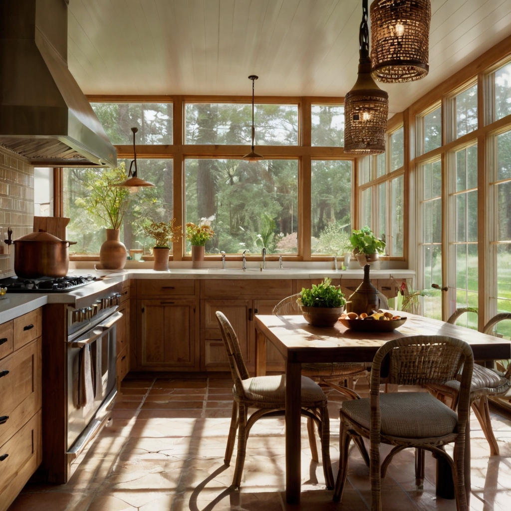 Kitchen merges into sunroom dining with rustic tile floors and aged brass cabinetry. Daylight pours through wide windows, captured from peninsula angle with sharp natural contrast.