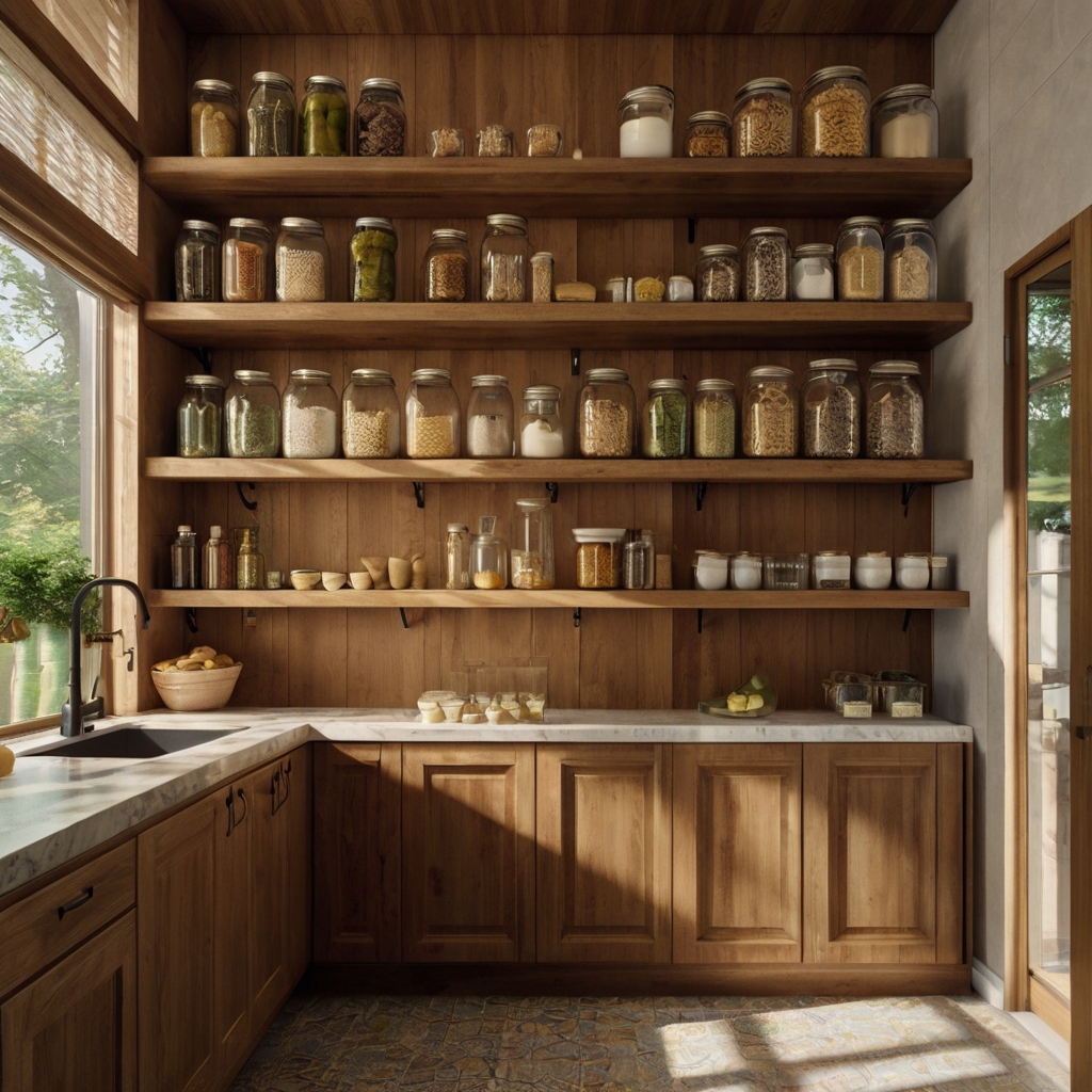 Pantry shelving lines glass sunroom wall with neat jars in angled sun. Marble floor below reflects shelf shapes in downward view showing high-resolution texture clarity.
