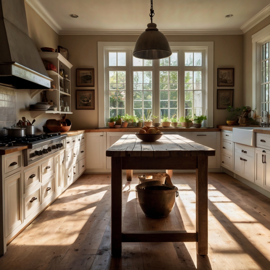 Large reclaimed wood farmhouse table used as a kitchen work surface with dishes and fresh herbs on top.