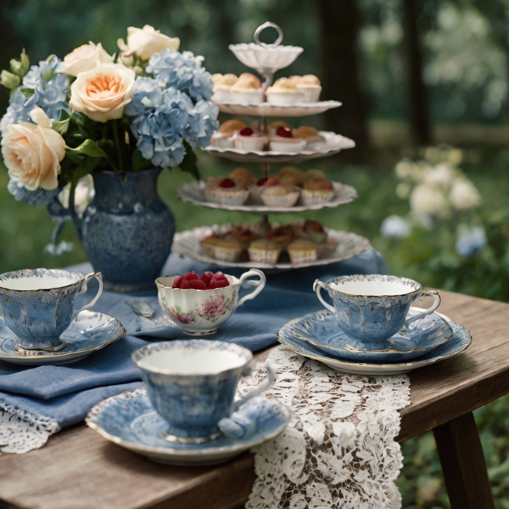 A soft garden tea party with floral cups, denim runners, and lace parasols in gentle light. Faded textures and pastel tones bring vintage charm to baby shower tea time.