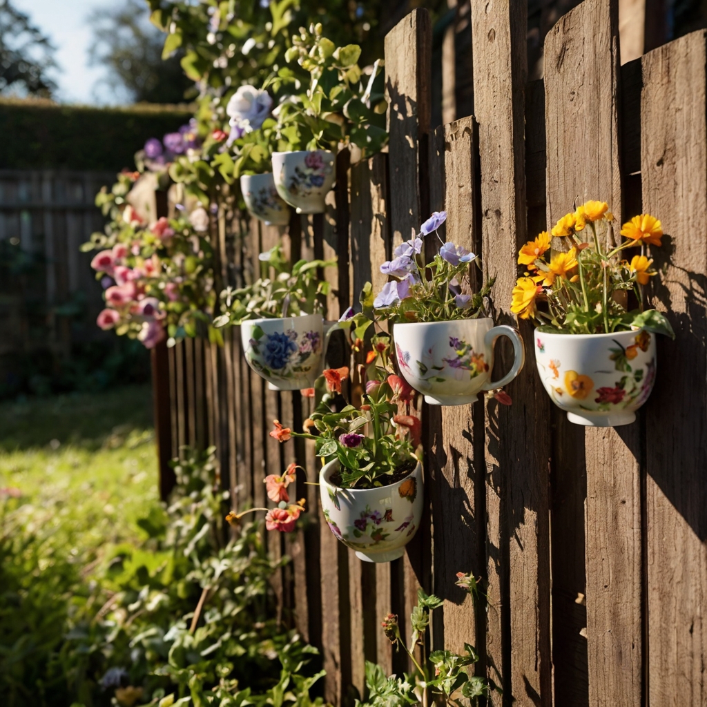 Vintage teacups filled with flowers dangle from a rustic ivy-covered fence. Delicate porcelain adds quirky detail to vibrant DIY garden decor.