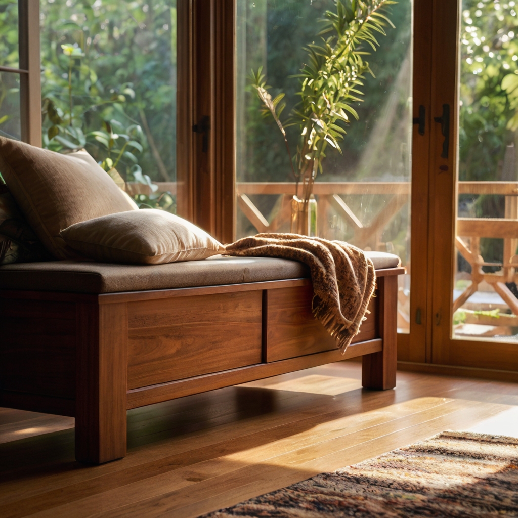 Teak bench sits along a wall with hidden storage beneath soft cushions. Grain lines and warm tones shine beneath sunbeams.