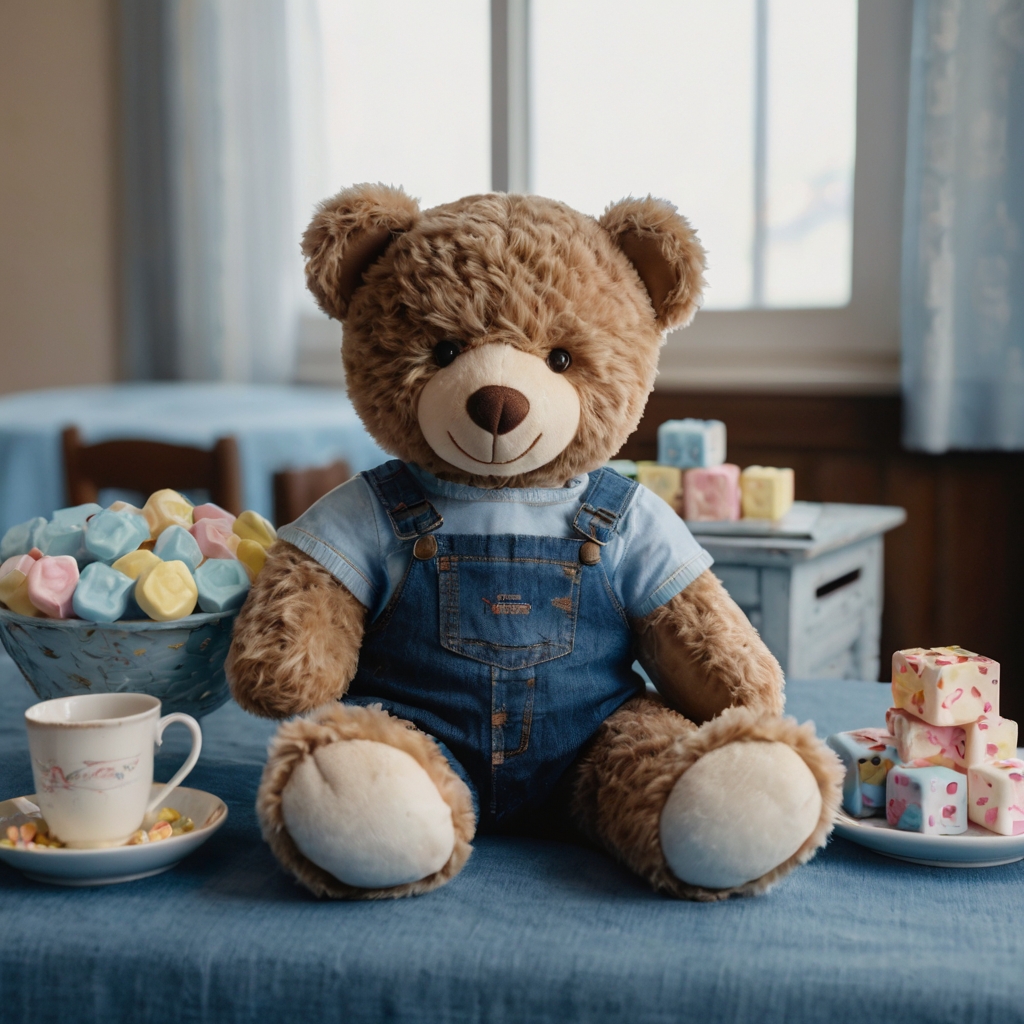 Tiny teddy bears in denim sit atop baby tables with books and candy blocks. Sweet indoor light brings gentle warmth to this storybook-inspired shower.