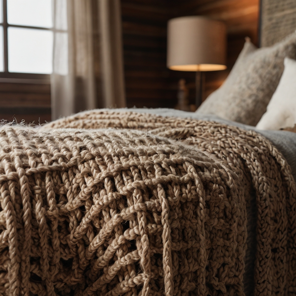 Chunky knits, jute rugs, and macramé bring tactile richness. Warm light reveals natural textures and woven detail.