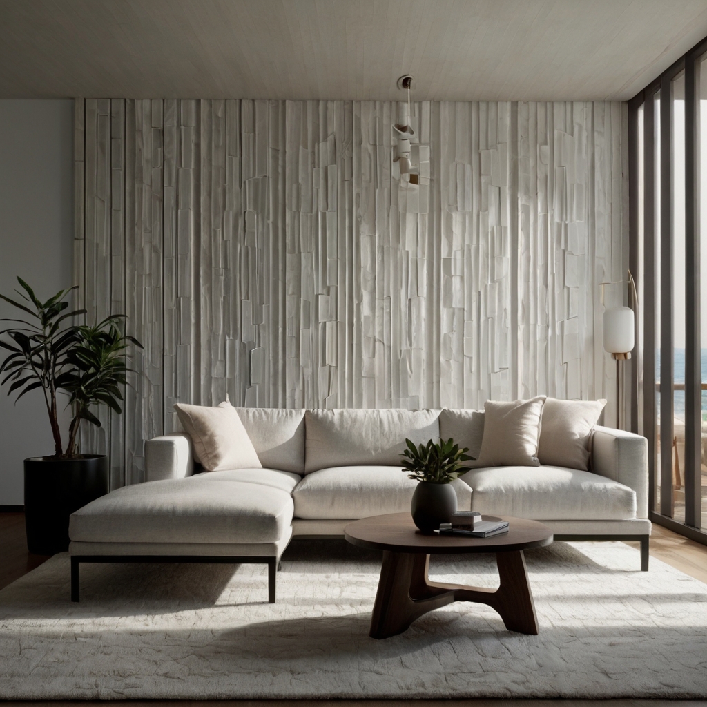 White grooved wall panels with vertical ridges subtly lit by skylight. Clean lines and shadows bring elegant minimalist depth.