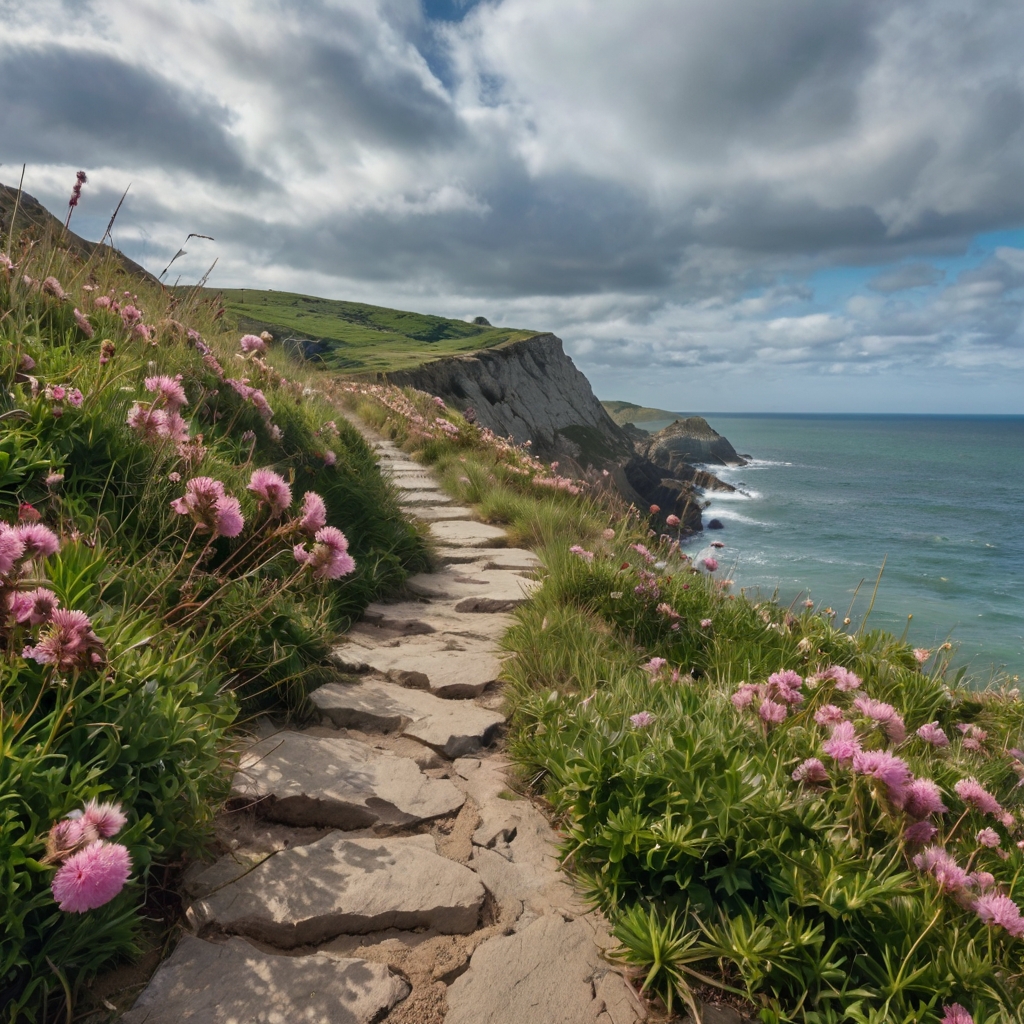 Wide-angle coastal scene of thrift creeper blooming pink along a rugged path. Soft wind, child footprints, and distant sea background suggest seaside calm.
