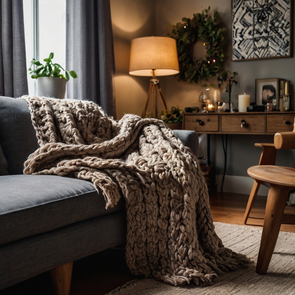 A living room corner with blankets carelessly piled over chairs and footstools. Warm, soft lighting creates a cozy, inviting atmosphere in the chaos.