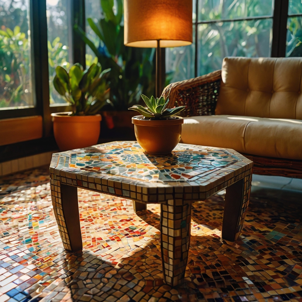 Colorful mosaic-tiled side table glows under crisp afternoon rays. Every tile reflects fragments of vibrant artistic detail.