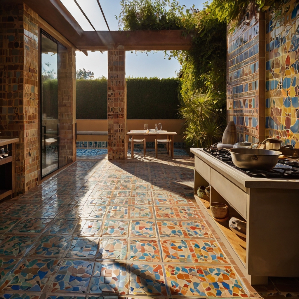 A charming outdoor cooking area on a tiled terrace, offering a vibrant atmosphere. The colorful mosaic tiles brighten the space, making it perfect for outdoor dining.