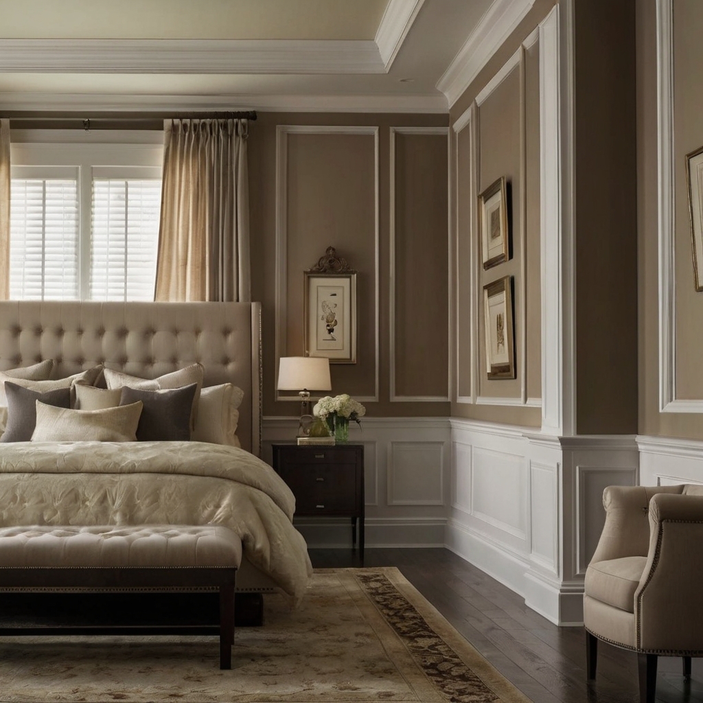 Classic wall paneling and neutral frames offer quiet elegance. Symmetrical lines and soft light evoke timeless charm.