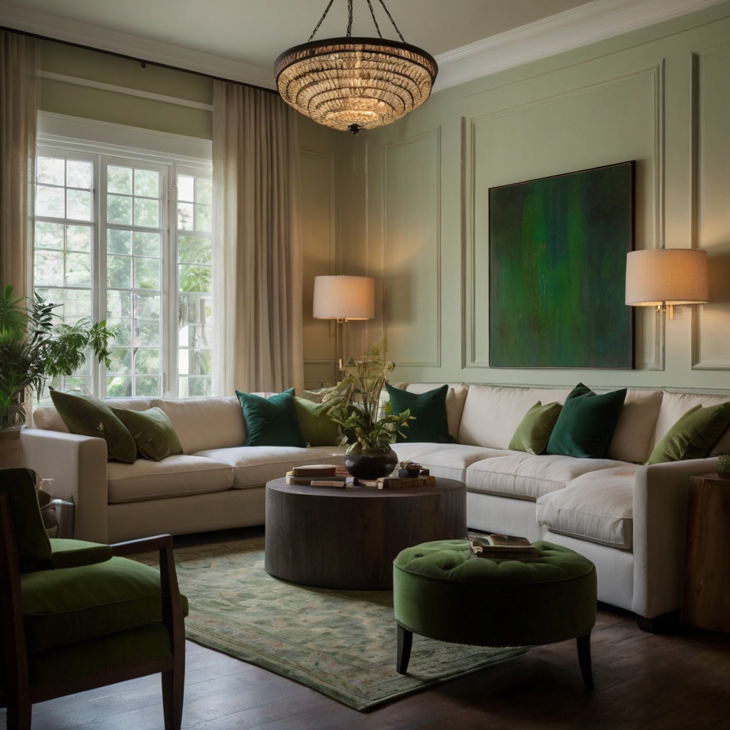 Dark green accents against cream walls create an elegant living room. Soft lighting enhances the calming contrast and warmth.