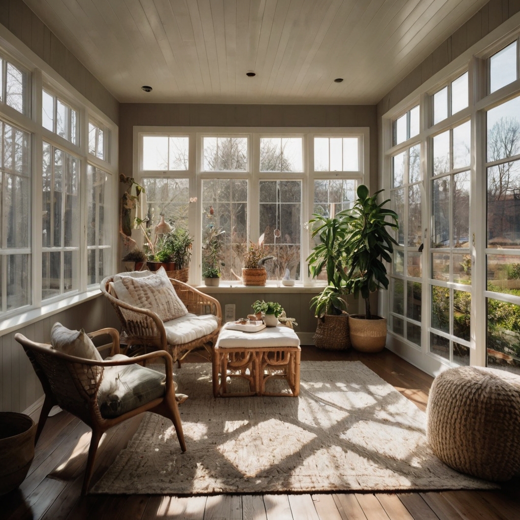A compact sunroom filled with layered textures and bold style, where sunlight highlights each detail, making the small space feel vibrant and full of personality.